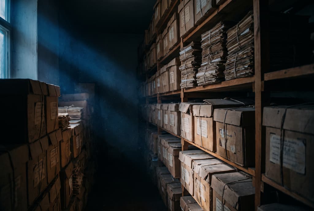Scaffali di faldoni e carte legate in un archivio in penombra, attraversati da un fascio di luce blu che rivela la polvere
