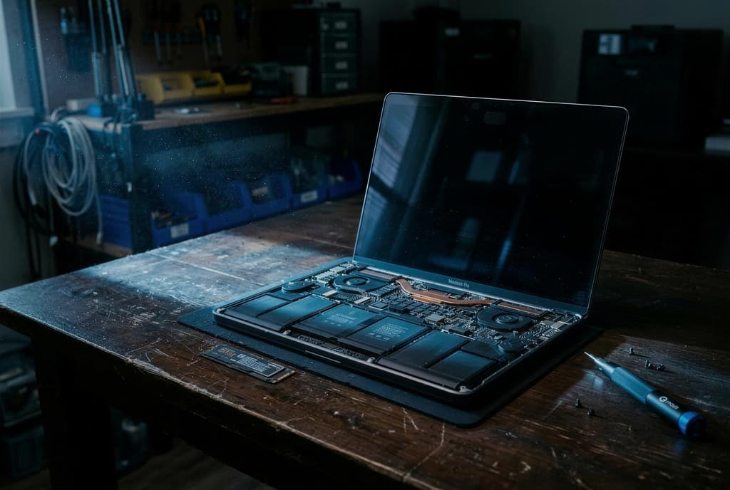Portatile aperto per la riparazione con cacciavite e disco SSD su un tavolo scuro, luce blu radente