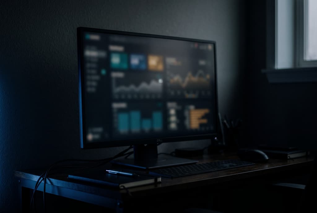 Dashboard sfocata su schermo scuro, con luce blu radente
