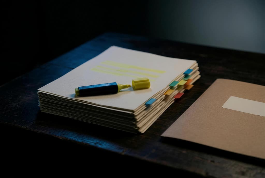 Moduli con linguette segnapagina, evidenziatore e calendario da tavolo su una scrivania scura, luce blu radente da sinistra