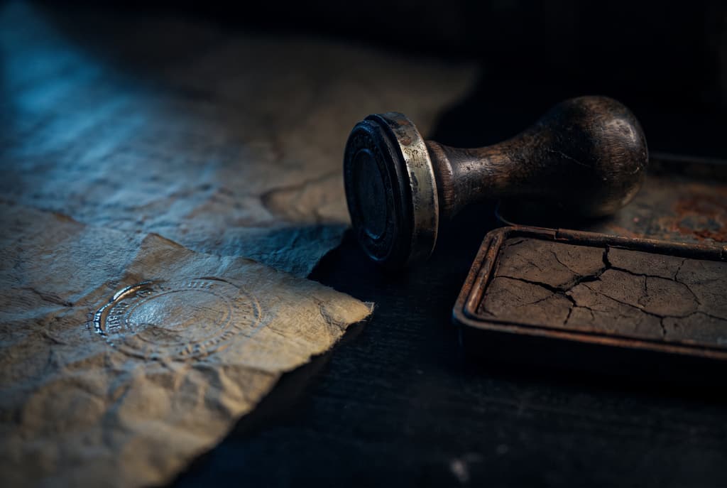 Macro di carta bollata e timbri su fondo scuro, luce blu radente